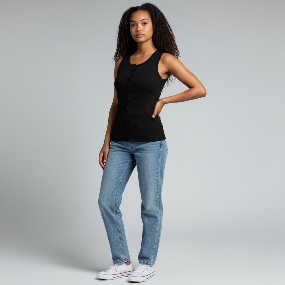 And Now This Black Ribbed Button-Front Tank Top (XXS) (NWOT)
